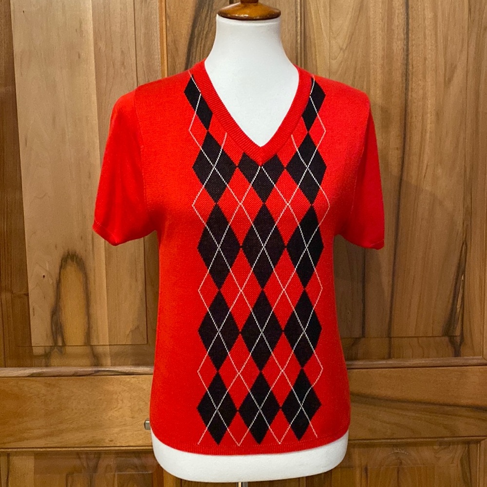Bobby Chan - Red/Black/White Argyle Pattern Silk Knit Short-Sleeve Sweater EUC M